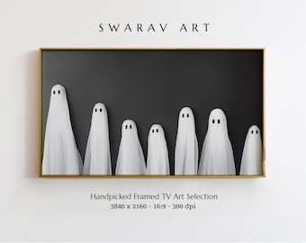 May include: A framed print of a black background with seven white ghosts lined up in a row. The print is titled "Swarav Art" and includes the text "Handpicked Framed TV Art Selection 3840 x 2160 - 16:9 - 300 dpi".