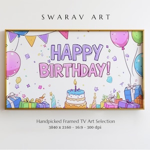 Frame TV Art For Kids, Colorful Cartoon Birthday Celebration Art, Birthday Balloons, Birthday Cake, Birthday Frame TV Art, Instant Download