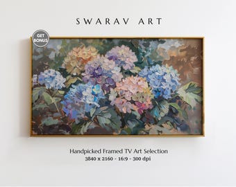Vintage olieverfschilderij hortensia, zomerbloemen lijst tv-kunst (digitale download)