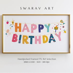 Geburtstags-Rahmen TV-Kunst, buntes 'HAPPY BIRTHDAY'-Hängebanner, niedlicher Digitaldruck für Frame Tv, Feier Tv Art, Instant Download