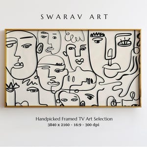 May include: Black and white line art print of abstract faces, framed in a gold frame. The print is 3840 x 2160 pixels, 16:9 aspect ratio, and 300 dpi. Handpicked Framed TV Art Selection.