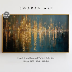 May include: A framed abstract art piece with a gold frame. The artwork features a blend of gold, teal, and dark blue hues, creating a reflective water-like effect. The text "SWARAV ART" is at the top. Below the art is the text "Handpicked Framed TV Art Selection".