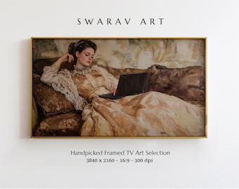 Art du cadre pour la télévision, élégance victorienne et technologie moderne, peinture à l'huile représentant une femme avec un ordinateur portable, art du cadre moderne pour la télévision, tons doux, téléchargement numérique