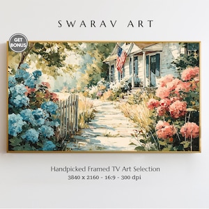 May include: A framed watercolor painting of a house with an American flag, a pathway, and colorful flowers. The artwork features a gold frame and the text "SWARAV ART" at the top. The image is labeled "Handpicked Framed TV Art Selection".