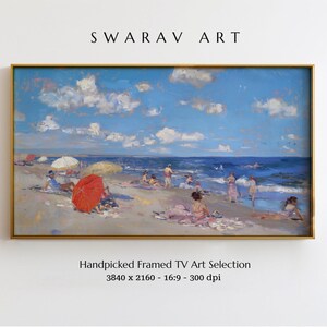 Puede incluir: Una pintura enmarcada que representa una escena de playa con personas bajo sombrillas y un cielo azul con nubes blancas. La pintura está en un marco dorado. "SWARAV ART" está escrito en la parte superior del marco. "Handpicked Framed TV Art Selection 3840 x 2160 - 16:9 - 300 dpi" está escrito debajo del marco.