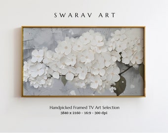 Frame TV Art, White Hydrangeas Abstract, Grey Background, Textured Digital Print, Frame TV Art Floral, Frame TV Art Summer, Abstract Art