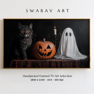 Halloween Frame TV Art, Haunting Still Life Painting with Cat, Ghost & Pumpkin, Halloween Decor, Ghost Art, Spooky TV Art, Digital Download