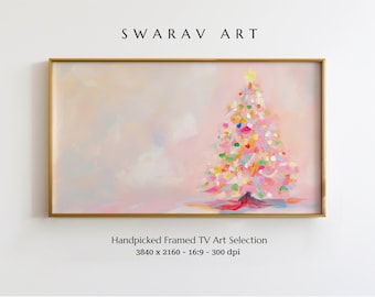 Arte navideño para marco de TV, arte acrílico de árbol de Navidad rosa, pintura navideña en colores pastel para marco de TV, impresión digital festiva, descarga digital
