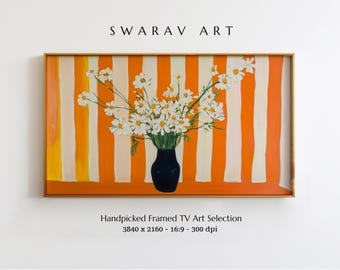 Frame TV Art, Bold Orange Striped Design with Wildflowers, Henri Matisse-Inspired, Bold Stripes & Vibrant Abstract Art, Digital Download
