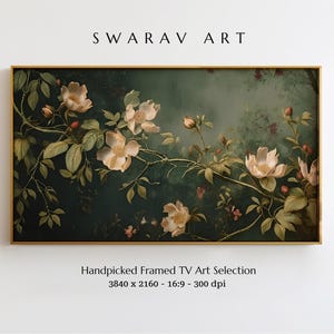 May include: A framed print of a vintage botanical illustration featuring delicate white flowers with pink centers and green leaves on a dark green background.