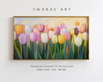 Frame TV Art, Spring Tulip Field, Soft Pastel Acrylic Landscape Painting TV Art, Tulip Easter Art, Floral Frame TV Art, Digital Download