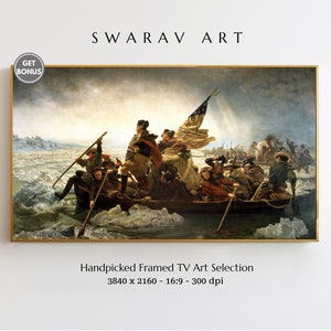 May include: A framed print of a painting depicting a group of people in a boat on a frozen body of water. The painting is in a gold frame and has a white background. The text "SWARAV ART" is at the top of the image. The text "GET BONUS" is in a circle at the top left of the image. The text "Handpicked Framed TV Art Selection" is below the image. The text "3840 x 2160 - 16:9 - 300 dpi" is below the text "Handpicked Framed TV Art Selection".
