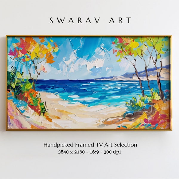 Vibrant Beachscape: Abstract Expressionism Samsung Frame TV Art, Digital Beachscape Print for Home Decor, Expressionist Digital Print