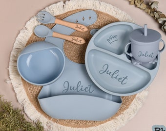 Gepersonaliseerde siliconen speenset, 6-delige babyvoedingsset, aangepaste babyplaat, siliconen maaltijdset met naam, babycadeau, kraamcadeau