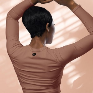 Long-sleeve Workout Crop Top for Women in Tan Color with Black Stitch, Workout Top, Fitness Top, Swimming & Sports Top, Athleisure Wear