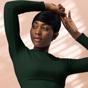 Long-sleeve Workout Crop Top in Dark Green with Black Stitch for Women, Workout Top, Fitness Top, Swimming & Sports Top, Athleisure Wear
