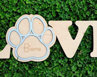 Wall decoration made of wood LOVE with paw and name mural sign dog lettering