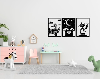 Wall decoration made of wood animals giraffe bear fox mural sign lettering wall sticker children