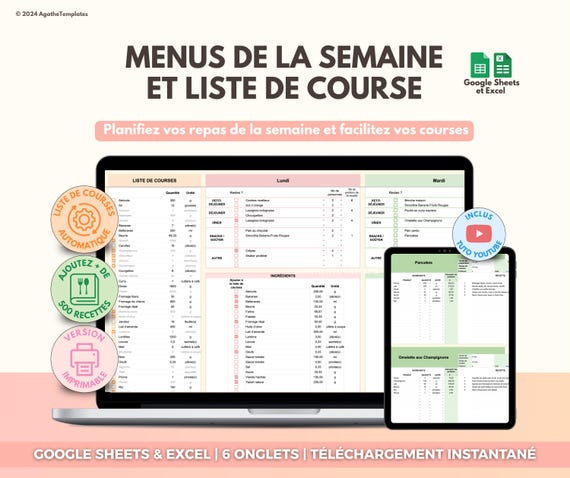 Planificateur de repas et liste de courses automatisée | Tableur menus de la semaine hebdomadaire Googlesheets et Excel | Livre de recettes
