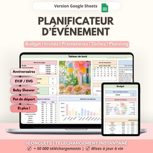 Peut inclure: Un modèle de planificateur d'événement numérique pour Google Sheets affiché sur un écran d'ordinateur portable et de tablette. L'interface comprend des sections pour le budget, les invités, les prestataires, les tâches et le planning.