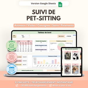 May include: A digital pet-sitting tracking template for Google Sheets titled SUIVI DE PET-SITTING. The interface displays a dashboard with a calendar, charts, and a pet memory log. Includes circular icons with French text and pet-related graphics.