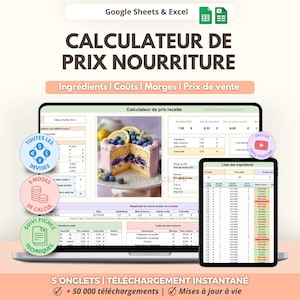 Op de afbeelding: Een digitaal sjabloon voor voedselprijsberekening voor Google Sheets en Excel. De interface toont een receptkosten-calculator met een afbeelding van een taart, ingrediëntenlijsten en financiële tabellen. Bevat ronde iconen voor valuta en berekeningsmodi.