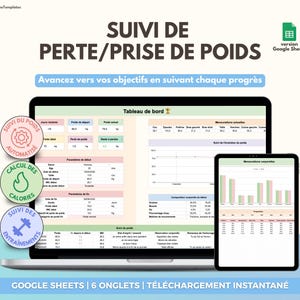 Suivi de perte ou prise de poids | Calcul du poids, mensurations, feuille de calcul | Modèle, template suivi des entraînements, calories