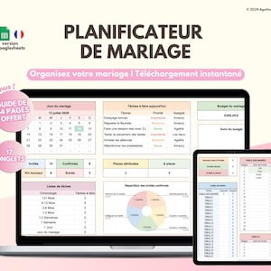 Organizzatore di matrimoni di GoogleFogli | Foglio di calcolo dell'organizzazione francese | Organizzatore di matrimoni | Budget, ospiti, disposizione dei tavoli, da fare