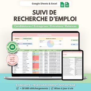 Peut inclure: Un modèle numérique de suivi de recherche d'emploi pour Google Sheets et Excel affiché sur un écran d'ordinateur portable et de tablette. L'interface présente des colonnes pour les candidatures, entreprises, entretiens et relances.