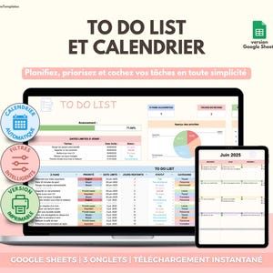 Elenco delle cose da fare e calendario automatico | Modello di Fogli Google | Modello di elenco attività | Tracker e pianificatore | Planner francese
