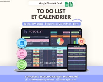 To-Do List and Automated Calendar | Dark Task List | Tracker and Planner | French Planner | Google Sheets and Excel