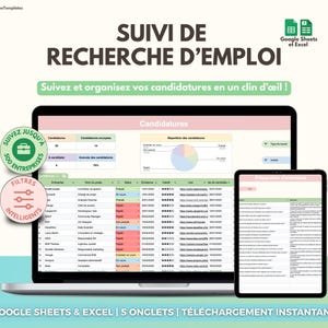 Suivi de recherche d'emploi | Suivi des candidatures pour un travail | Préparation à l'entretien, planificateur | Google Sheets et Excel