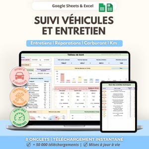 Könnte beinhalten: Eine digitale Tabellenvorlage für Fahrzeugverfolgung und Wartung in Google Sheets und Excel. Das Display zeigt ein Dashboard mit Diagrammen, Ausgabenkategorien und Kilometerprotokollen. Drei kreisförmige Symbole zeigen Auto-, Schraubenschlüssel- und Tacho-Grafiken.