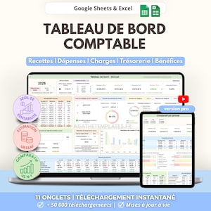 Peut inclure: Un modèle de tableau de bord comptable numérique pour Google Sheets et Excel, affiché sur un ordinateur portable et une tablette avec des données financières, des graphiques et des tableaux. Texte : TABLEAU DE BORD COMPTABLE, Recettes, Dépenses, Charges, Trésorerie, Bénéfices.
