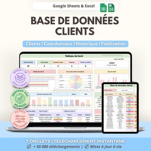 Pode incluir: Um modelo digital de base de dados de clientes para Google Sheets e Excel exibido num ecrã de portátil e tablet. A interface apresenta um painel com gráficos, uma lista de clientes e separadores. Texto: BASE DE DONNÉES CLIENTS.