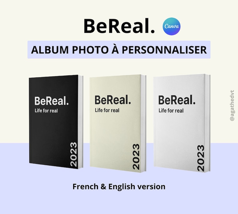 BeReal-Fotoalbum-Vorlage. Französische und englische Version. BeReal-Fotobuchvorlage zum Personalisieren auf Canva. Bild 1