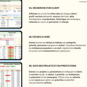 May include: A digital spreadsheet template featuring three sections: 04. RECHERCHE D'UN CLIENT for client profiles, 05. T&Acirc;CHES &Agrave; FAIRE for task management with status indicators, and 06. SUIVI DES PROJETS ET/OU PRESTATIONS for tracking project progress.