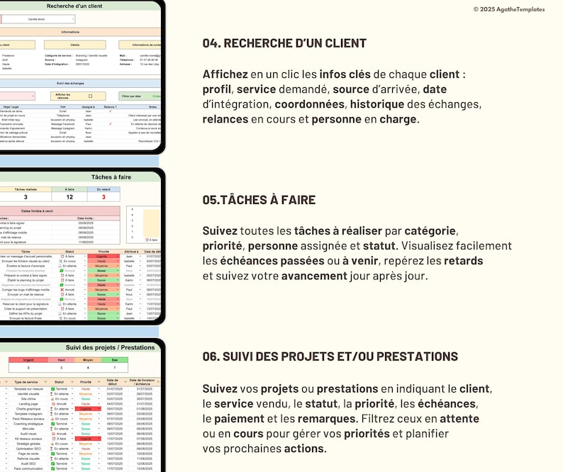 May include: A digital spreadsheet template featuring three sections: 04. RECHERCHE D'UN CLIENT for client profiles, 05. T&Acirc;CHES &Agrave; FAIRE for task management with status indicators, and 06. SUIVI DES PROJETS ET/OU PRESTATIONS for tracking project progress.