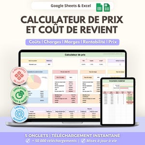 May include: A digital price and cost calculator template for Google Sheets and Excel displayed on a laptop and tablet screen. The interface features tables for product costs, margins, and profitability, with circular icons highlighting calculation methods.