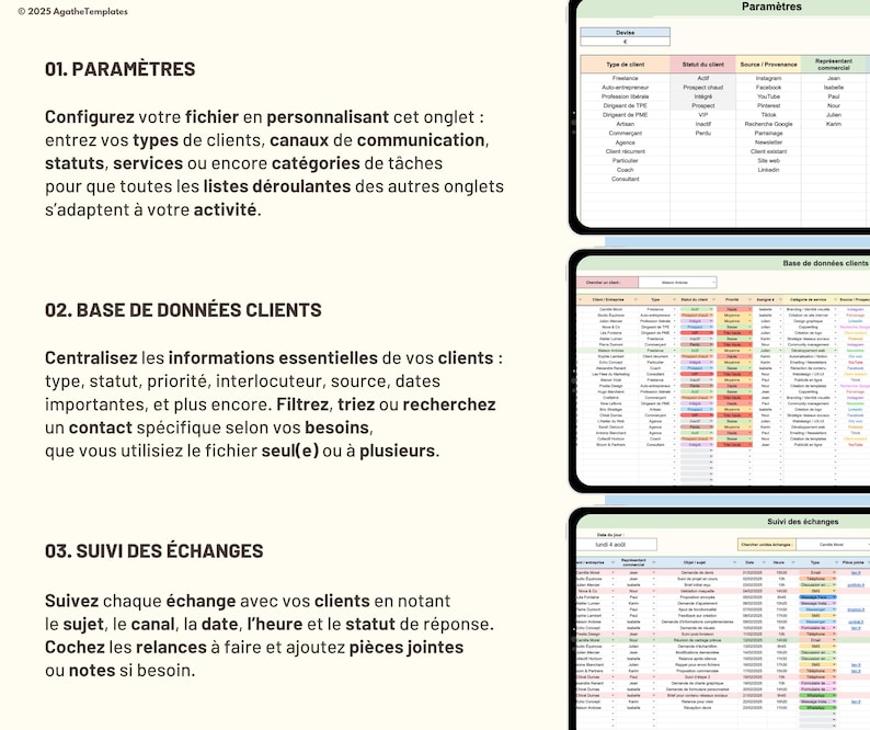 May include: A digital spreadsheet template for business management featuring three sections: 01. PARAM&Egrave;TRES for configuration, 02. BASE DE DONN&Eacute;ES CLIENTS for client data, and 03. SUIVI DES &Eacute;CHANGES for tracking interactions, displayed with three preview screenshots.