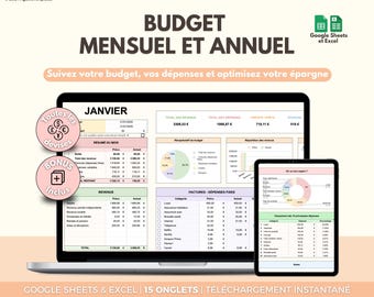 Budget mensuel et annuel Google Sheets et Excel | Suivi financier | Planificateur budgétaire | Modèle tableau gestion des dépenses, épargne