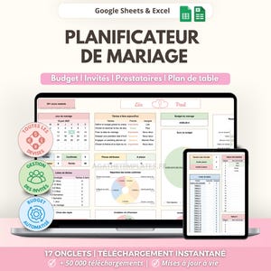 May include: A digital wedding planner template for Google Sheets and Excel displayed on a laptop and tablet screen. The interface features sections for budget, guest lists, tasks, and seating plans with pink, green, and white colour schemes.