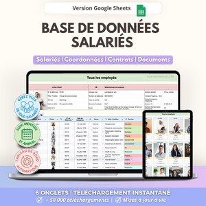 Op de afbeelding: Een digitale werknemersdatabase-sjabloon voor Google Sheets weergegeven op een laptop- en tabletscherm. De interface toont kolommen met gegevens zoals namen, functies en contactgegevens, aangevuld met ronde badges die de functies benadrukken.