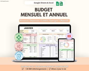Budget mensuel et annuel Google Sheets et Excel | Suivi financier | Planificateur budgétaire | Modèle tableau gestion des dépenses, épargne
