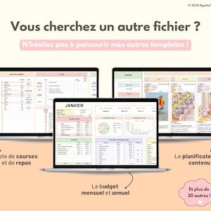 May include: Three laptop screens displaying digital spreadsheet templates with pastel color schemes. The screens show a grocery and meal list, a monthly budget tracker with charts, and a content planner. Text includes "JANVIER" and "LISTE DE COURSES".