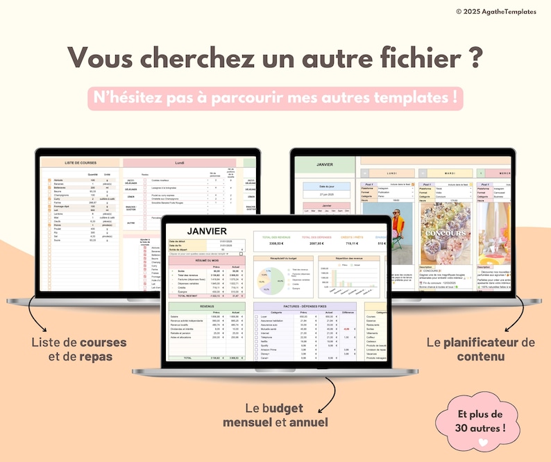May include: Three laptop screens displaying digital spreadsheet templates with pastel color schemes. The screens show a grocery and meal list, a monthly budget tracker with charts, and a content planner. Text includes "JANVIER" and "LISTE DE COURSES".