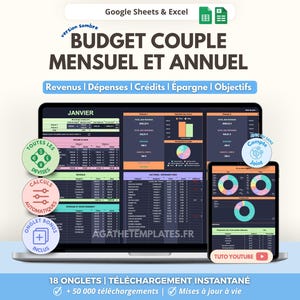 Peut inclure: Un modèle de budget numérique pour Google Sheets et Excel affiché sur un écran d'ordinateur et de tablette. L'interface présente des tableaux en mode sombre, des graphiques et des catégories de suivi financier pour un budget de couple.