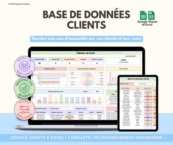Base de données Suivi des Clients et Prospects | Tableau CRM | Entrepreneur, Small Business, TPE PME | Client Tracker | Google Sheets, Excel