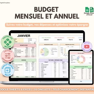 Presupuesto mensual y anual en Google Sheets y Excel | Seguimiento financiero | Planificador de presupuesto | Plantilla de hoja de cálculo para la gestión de gastos y ahorros