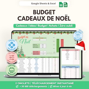 May include: A digital Christmas gift budget tracker for Google Sheets and Excel. The screen displays a spreadsheet with columns for categories, stores, and costs, decorated with festive holiday graphics and a Santa hat on the tablet.